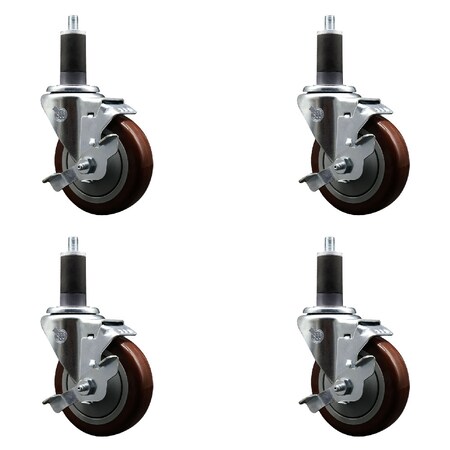 Service Caster 4'' SS Maroon Poly Swivel 1-1/4'' Expanding Stem Caster Set with Brake, 4PK SCC-SSEX20S414-PPUB-MRN-TLB-114-4